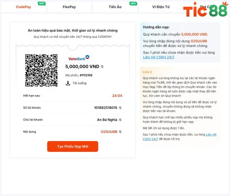 Cách nạp tiền vào tài khoản Tic88