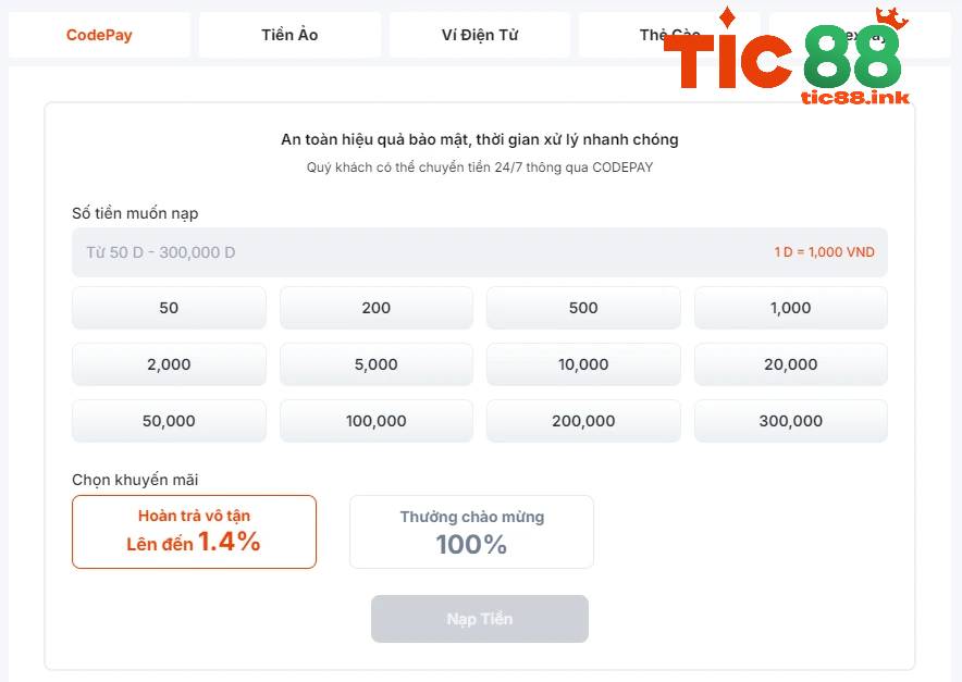Nạp Tiền TIC88 Sao Cho An Toàn Và Nhanh Chóng 1 Bước 1: Đăng nhập và chọn mục Nạp Tiền - Codepay