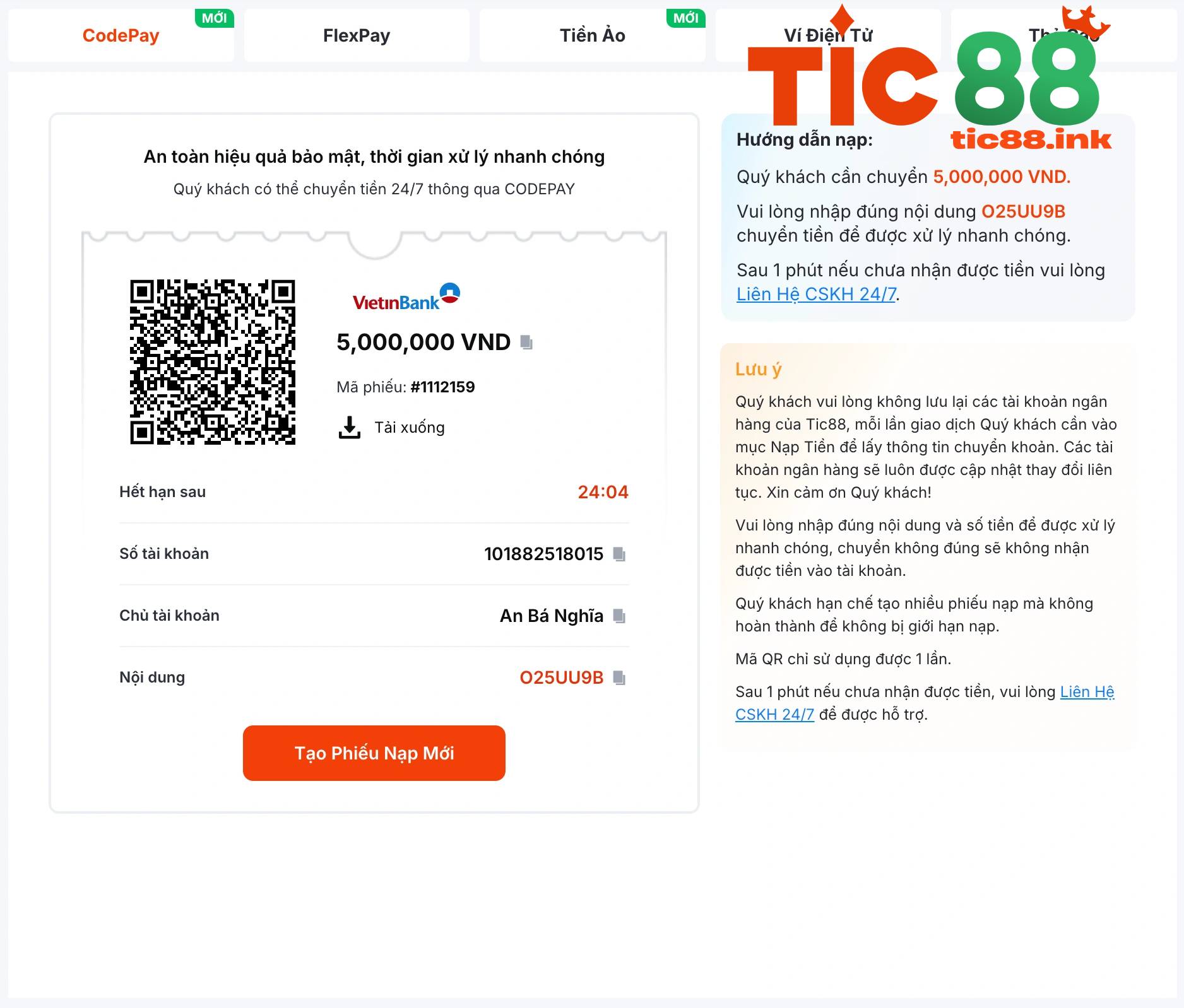 Nạp Tiền TIC88 Sao Cho An Toàn Và Nhanh Chóng 2 Bước 3: Nhập số tiền muốn nạp và lấy thông tin chuyển tiền