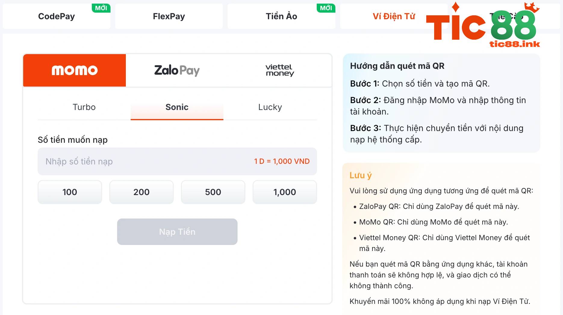 Nạp Tiền TIC88 Sao Cho An Toàn Và Nhanh Chóng 6 Bước 1: Đăng nhập và chọn mục Nạp Tiền - Ví điện tử
