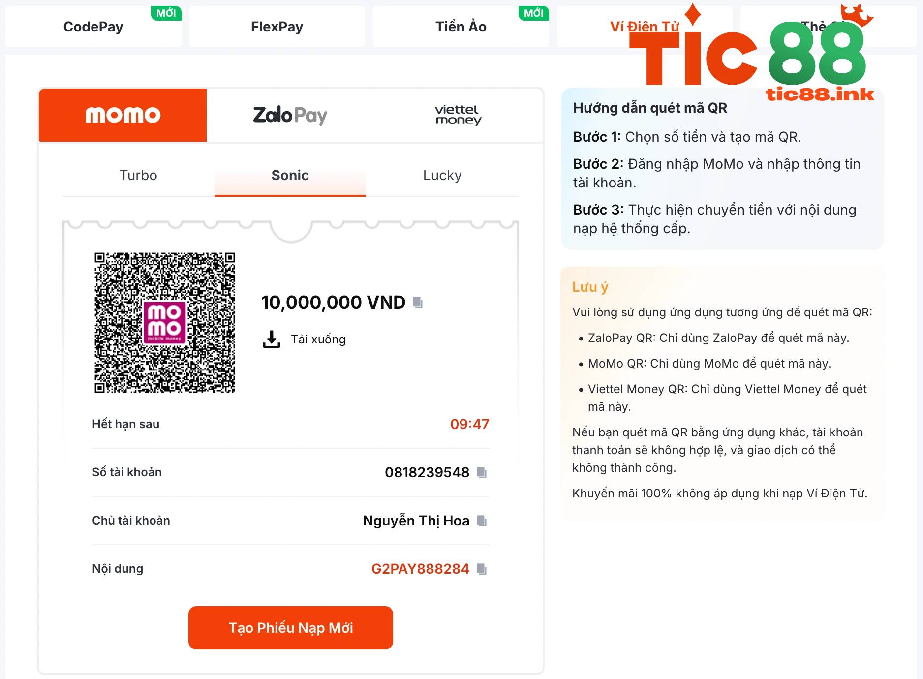 Nạp Tiền TIC88 Sao Cho An Toàn Và Nhanh Chóng 7 Bước 2: Nhấn Nạp Tiền và lấy thông tin chuyển khoản