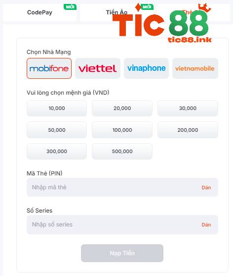 Nạp Tiền TIC88 Sao Cho An Toàn Và Nhanh Chóng 8 Bước 1: Đăng nhập và chọn mục Nạp Tiền - Thẻ cào