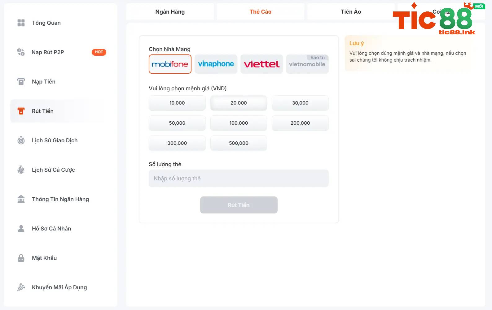 Rút tiền TIC88 – Chỉ dẫn chi tiết nhanh chóng 2 Rút tiền qua thẻ cào – các bước thực hiện đơn giản