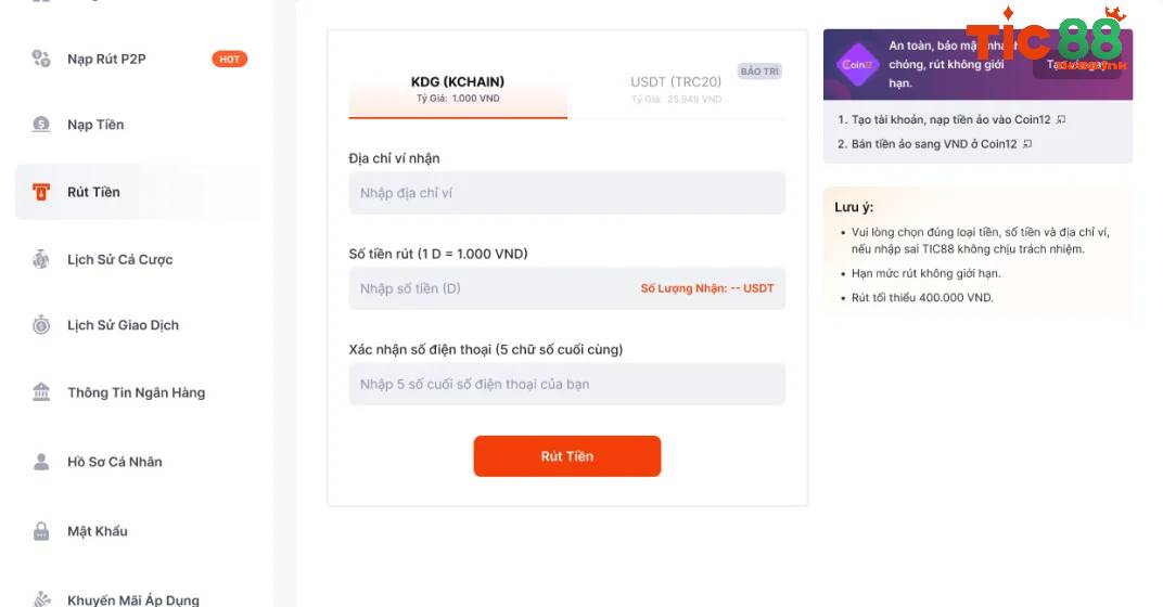 Rút tiền TIC88 – Chỉ dẫn chi tiết nhanh chóng 4 Rút tiền qua Coin12